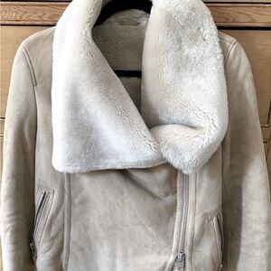 All Saints Cream Leather Jacket with Shearling Collar